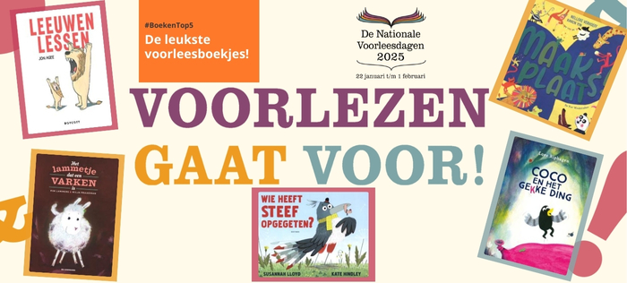 De boekentop5 boeken op een achtergrond met de tekst: Voorlezen gaat voor